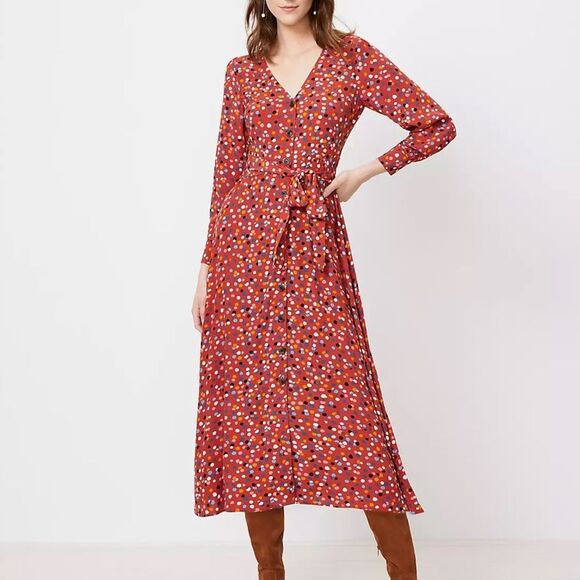 LOFT Orange Multi Colored Polka Dot Print Long Sleeve Belted Midi Sundress - Picture 1 of 7